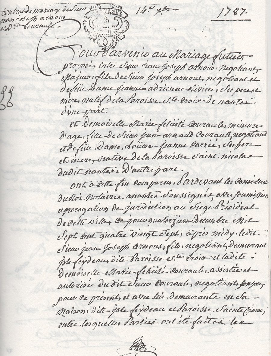 Première page du contrat de mariage de Jean-Joseph Arnous Rivière et Marie-Félicité Courault en 1787