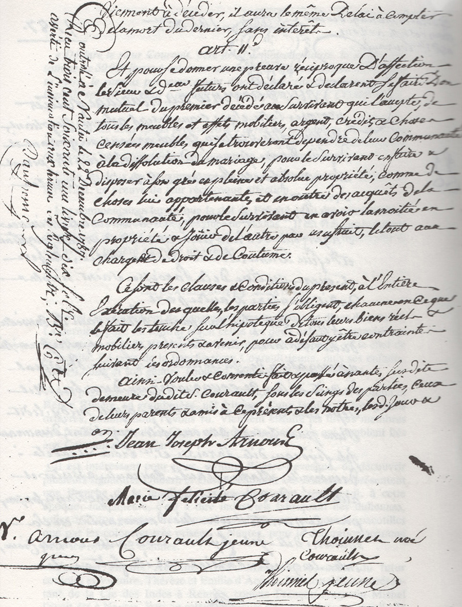 Deuxième page du contrat de mariage de Jean-Joseph Arnous Rivière et Marie-Félicité Courault en 1787